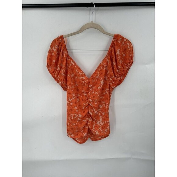 Sienna Sky Blouse Junior Large Orange Floral Ruched Bohemian Preppy Summer - Picture 2 of 10